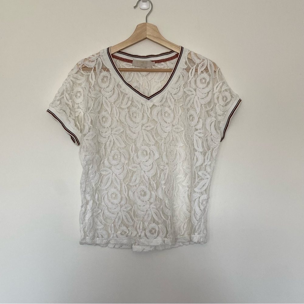 Cream Women’s Floral V-Neck Off-White Lace Shirt, Size Large, Casual, Boho Chic
